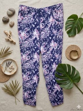ROXY Women’s Oceanside Printed Beach Pants Navy Blue Pink Purple Tropical Leaf